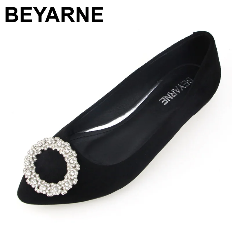 

BEYARNE New Women Suede Leather Flats Fashion Black High Quality Rhinestone Pointy Toe Ballerina Ballet Flat Slip On Shoes