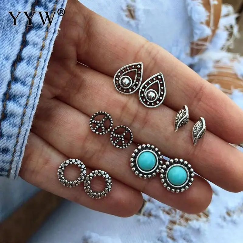 Women Bohemian Earring Stud Earrings Set Water Drop Square Round