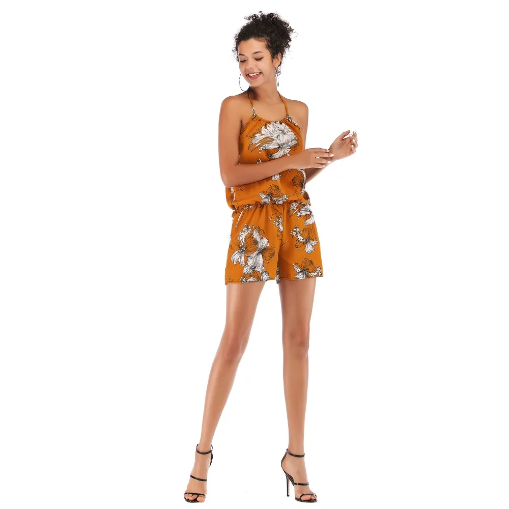 Summer Women's Sleeveless Shorts Suspenders Halter Loose Printed Chiffon Jumpsuit Summer Women's Sleeveless Shorts Suspenders Halter Loose Printed Chiffon Jumpsuit