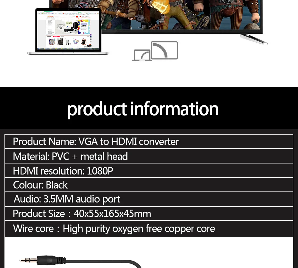 Преобразователь из VGA в HDMI 1080P с аудио AV конвертер HD ТВ Видео кабель VGA2HDMI адаптер для мужчин и женщин для ТВ ПК ноутбука