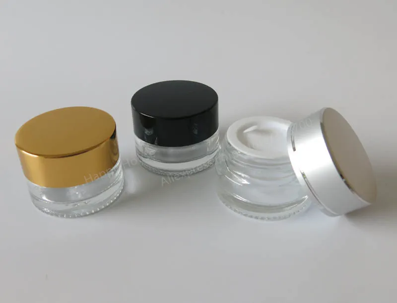 

12 X 5G Portable Transparent glass cream container 5ml glass cream jar with gold silver black cap 5g glass cosmetic case