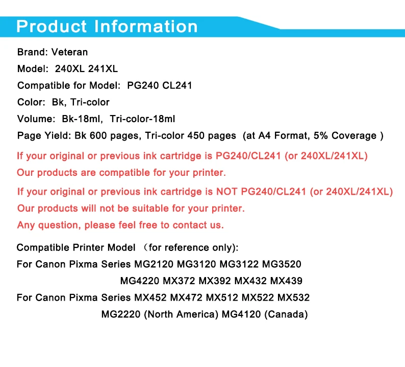 Ветеран 240XL 241XL чернильный картридж Замена для Canon PG 240 CL 241 Pixma MG2120 MG3120 MG3122 MG3520