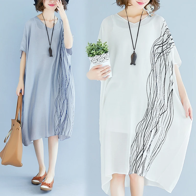 

#0279 Summer 2019 V Neck Cotton Linen Dress For Women Loose Oversize Bat Sleeved Knee Length Midi Dress Female Striped Printed