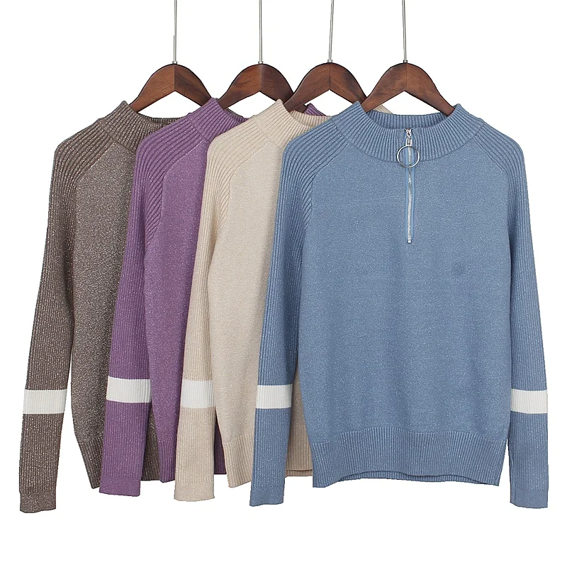 GIGOGOU, блестящий вязаный женский пуловер с люрексом, свитер, Осень-зима, теплая верхняя одежда, повседневный джемпер, топ на молнии, женский свитер