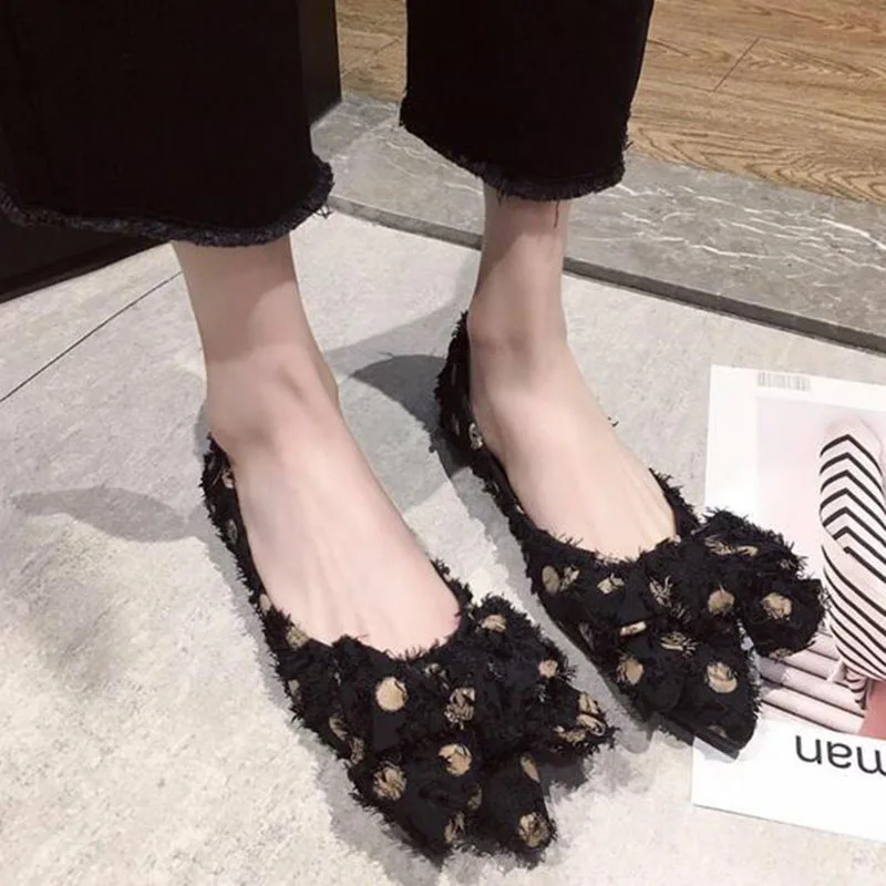 

Sweet Women Fashion Pointed Toe Stretch Fabric Doug Loafers,Non-slip Shallow Mouth Polka Dot Butterfly-knot Design Lazy Shoes