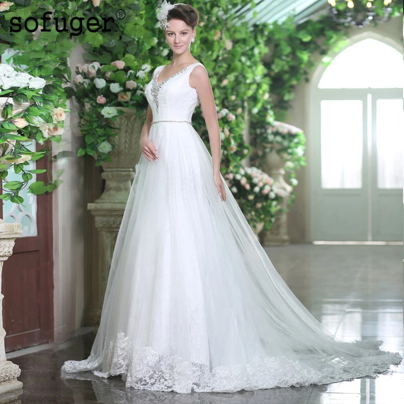 

2019 Elegant V Neck Beads Sashes Appliques A Line Bridal Gown Brides Wedding Dresses Vestido De Noiva