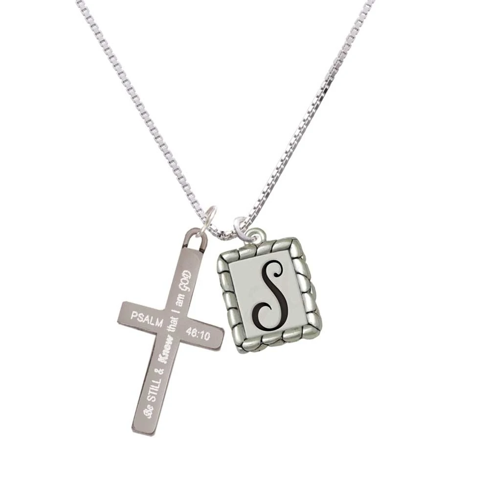 Pebble Border Initial - S - Be Still and Know - Cross Necklace