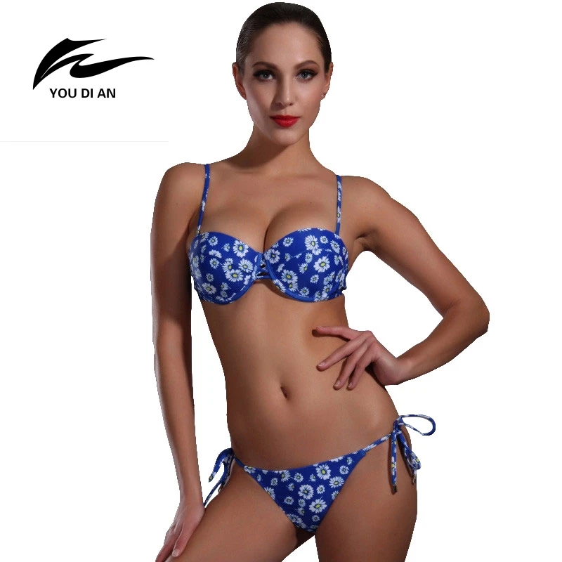 

2017 Print Blue Swimsuit Pad Bikinis Set Bathing Suits Beach Women Print Vintage Halter Swimwear Push Up Bikinis Women Bathsuit