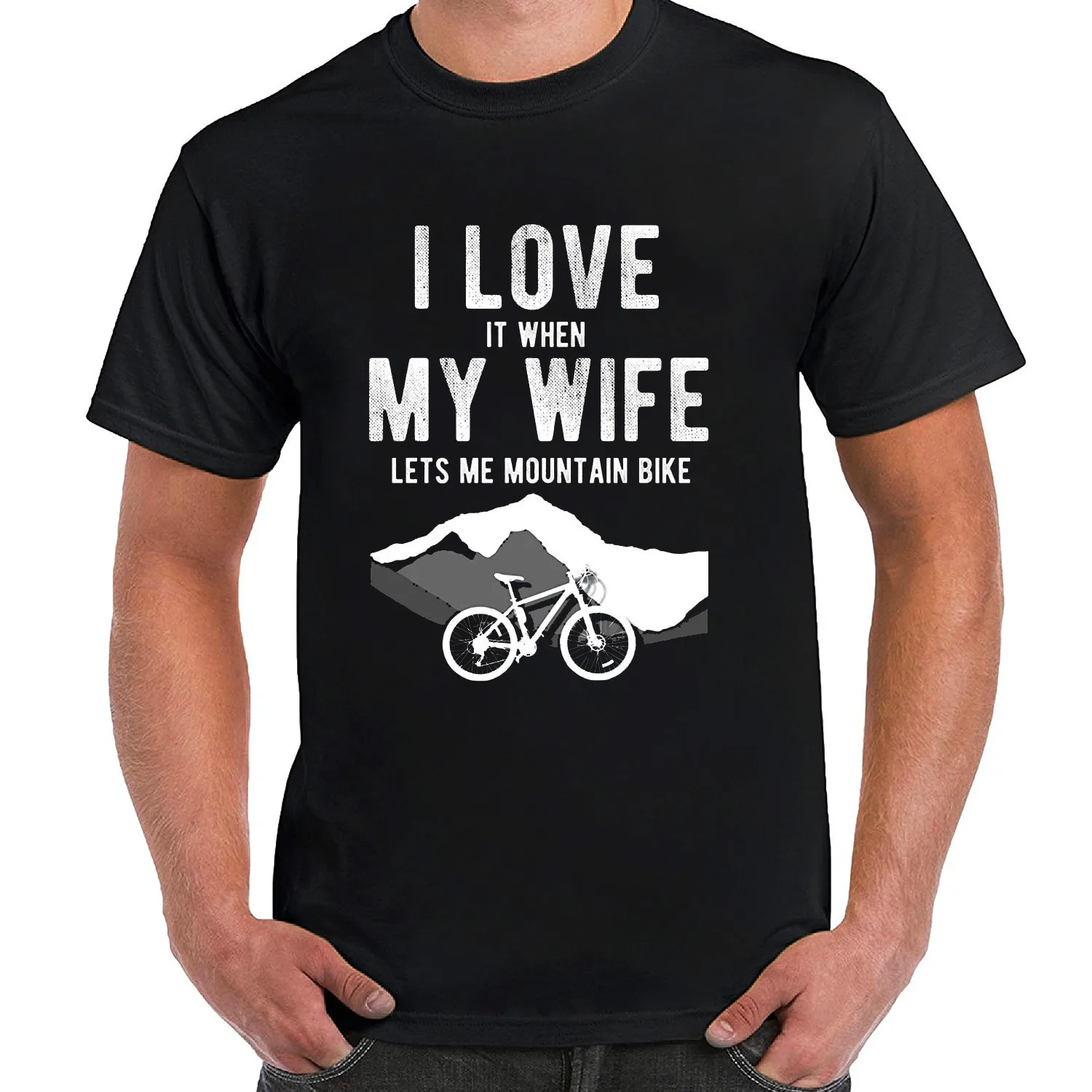 Мужская MTB горный велосипед футболка I Love My Wife Lets Me Велоспорт Короткие повседневные хлопковая Футболка с круглым вырезом принт Broadcloth
