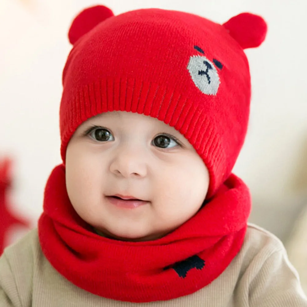 Зимние Детские шапки с медведем, милая детская вязанная шапка для мальчика, шапка, теплая шапка для младенца+ вязаный шарф, комплект, шапка с ушками - Цвет: PJ3366C