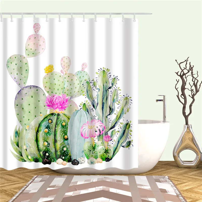 Плесени доказательство полиэстер ткань для ванной занавес растение кактус печать Ванная комната душ занавески экран с крючками украшение дома