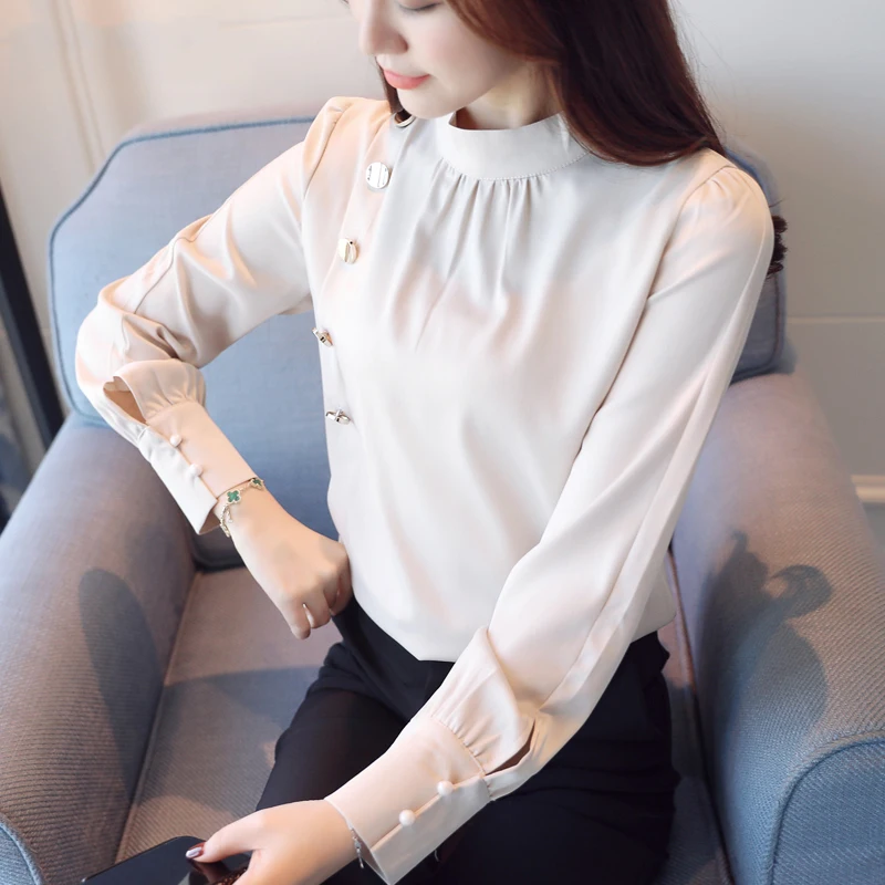 2017 Autumn Long Sleeve Stand Collar satin Blouses Women Office Work