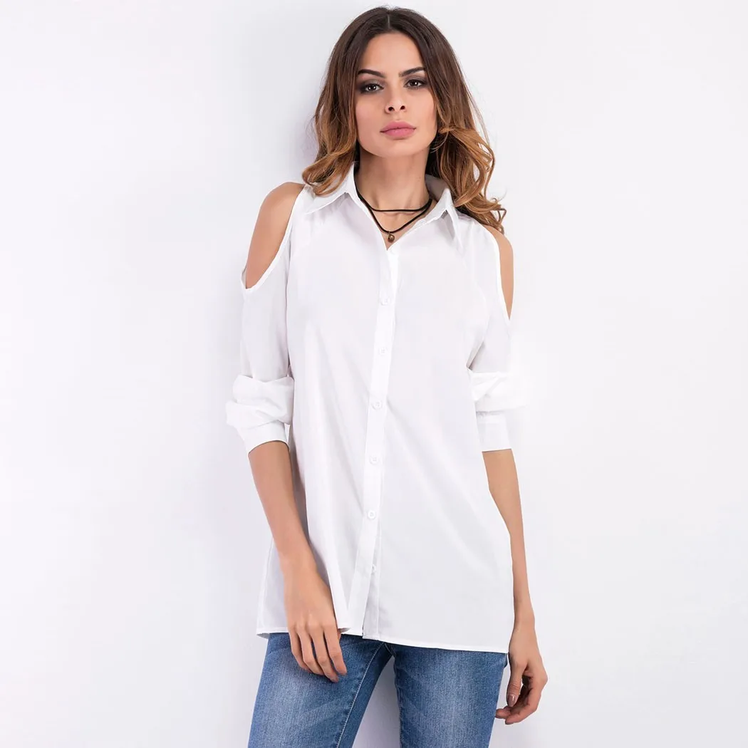 White Long Shirts For Women Cold Shoulder Long Sleeve Tops 2017 Fashion