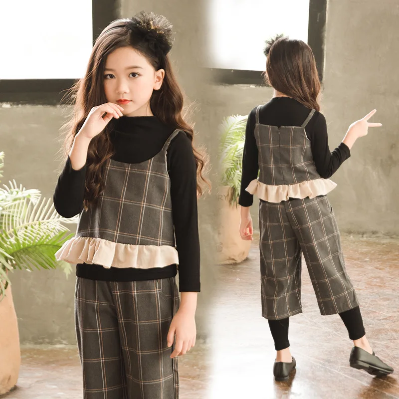 

Girls Clothing Set Autumn Back To School Outfits Long Sleeve Shirt + Plaid Vest + Pant 3pcs Children Clothing Teenagers 6 7 8 10