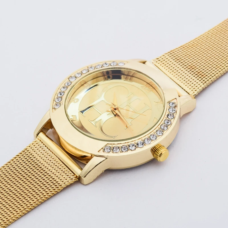 2017 Hot Venda Nova Famosa Marca Ouro Rel&oacute;gio de Quartzo Casuais Mulheres de Malha de Metal Inoxid&aacute;vel de Cristal Rel&oacute;gio de Vestido Rel&oacute;gios Relogio feminino