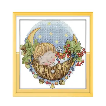 

Sleeping baby cross stitch sewing embroidery, moon lullaby boy handmade products features Chinese embroidery