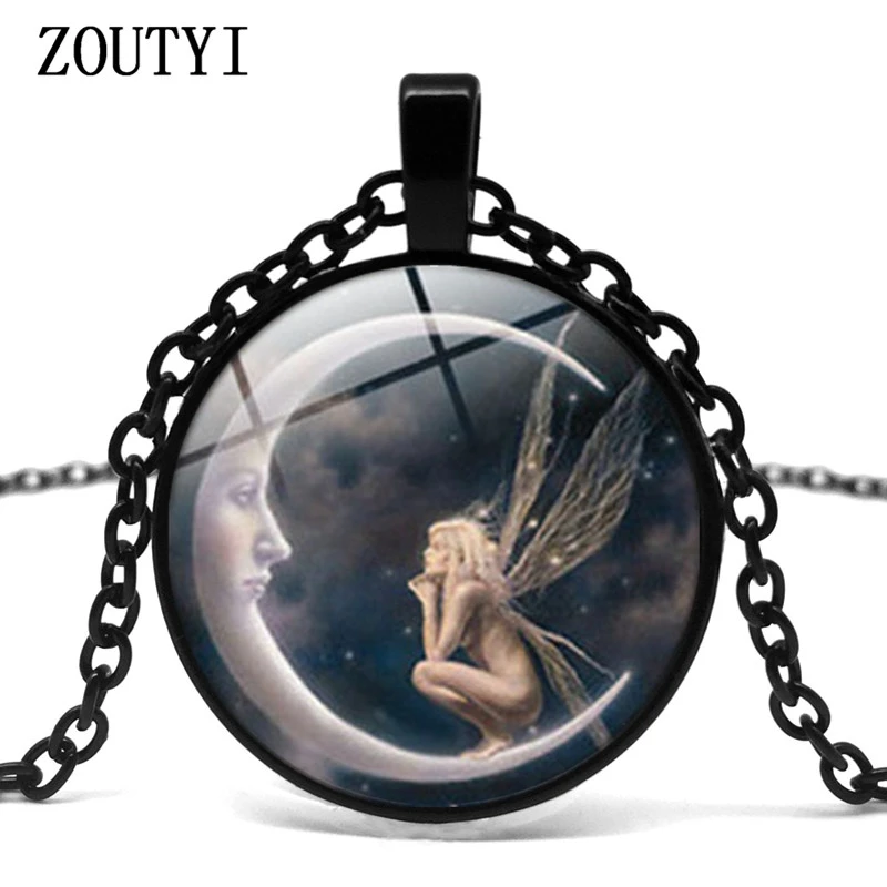 

2018 new, moon angel pattern concave glass necklace, men and women wear necklaces. wholesale