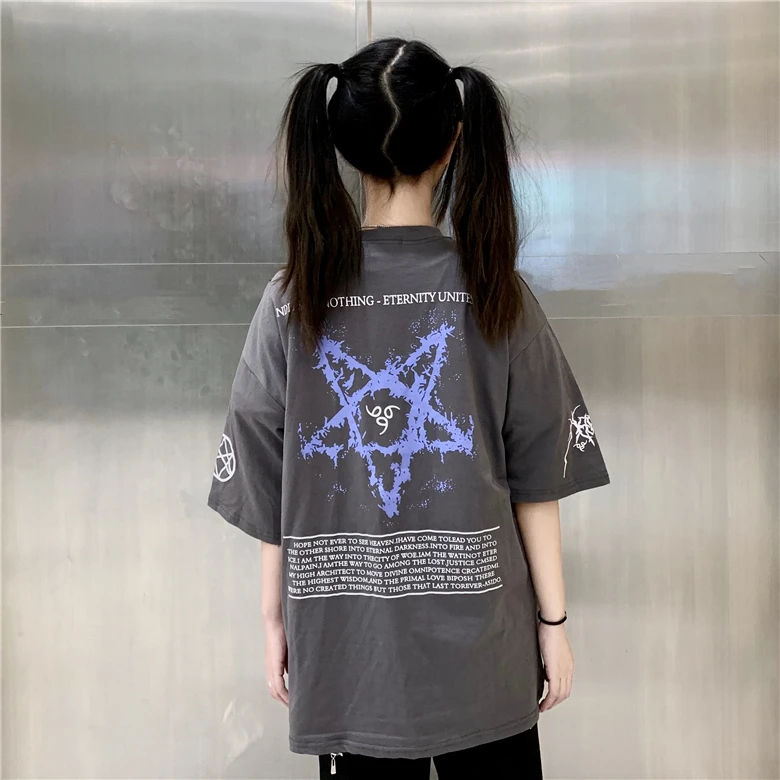 Harajuku Darkness женская футболка фиолетовая молния звезды печатные o-образным вырезом с коротким рукавом черный серый повседневные женские футболки Готический Тройник