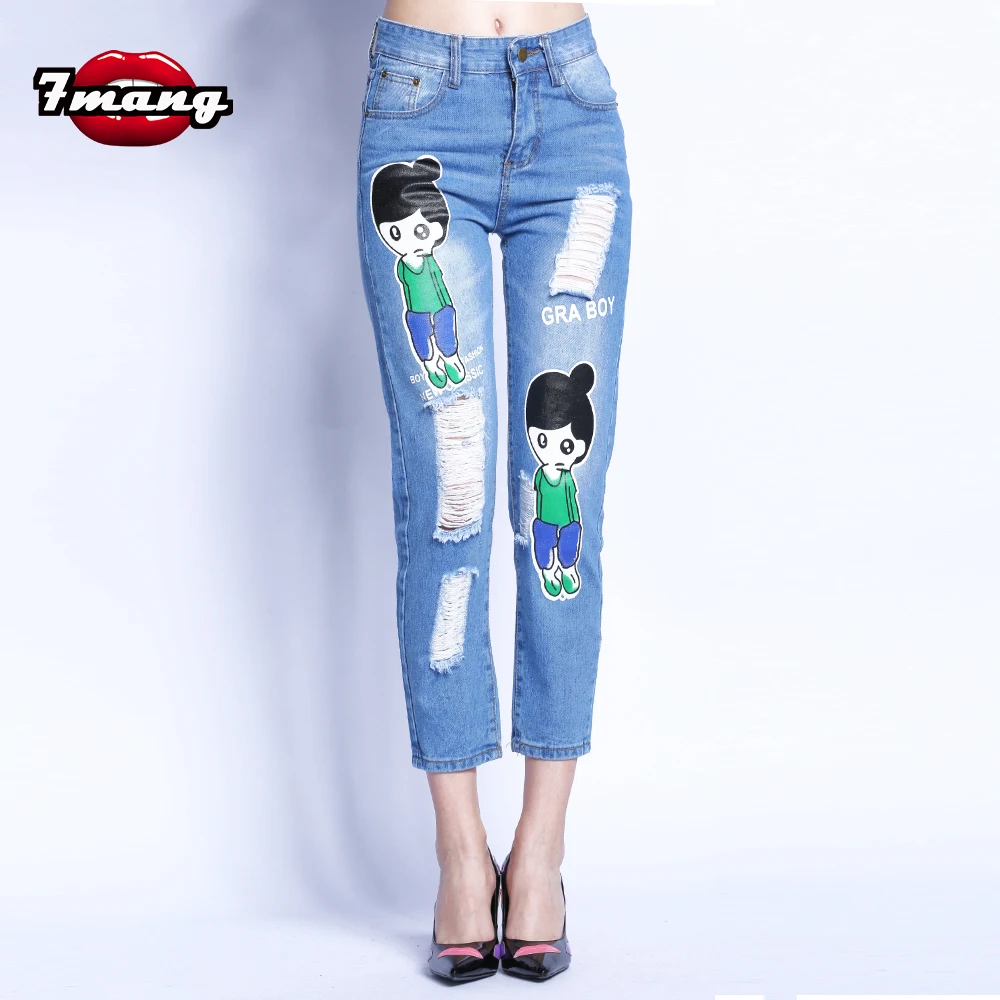 7 Манг новые женские милые уличные джинсы с мультяшным принтом Синие сексуальные джинсовые штаны с высокой талией до щиколотки
