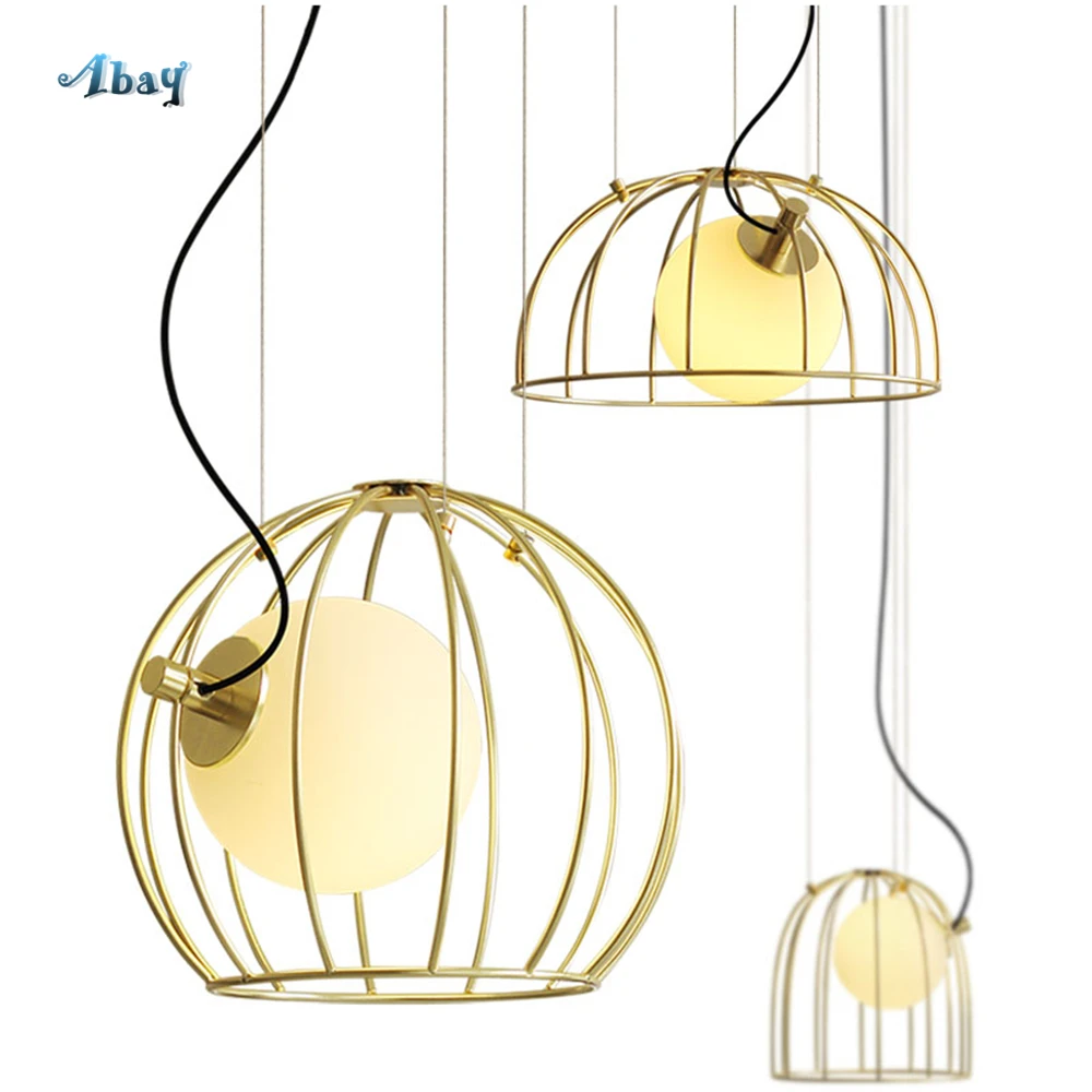 Nordic Iron Art Gold Bird Cage Pendant Lights Living Room Decoration Dining Home Deco Glass Hanging Lamp Led Fixture | Лампы и