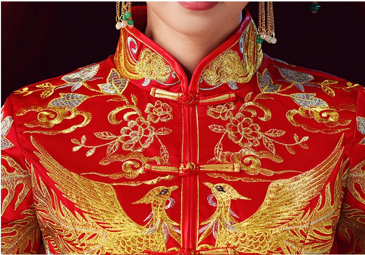 Red formal dress royal wedding cheongsam style costume bride vintage Chinese traditional embroidery phoenix Tang suit Qipao