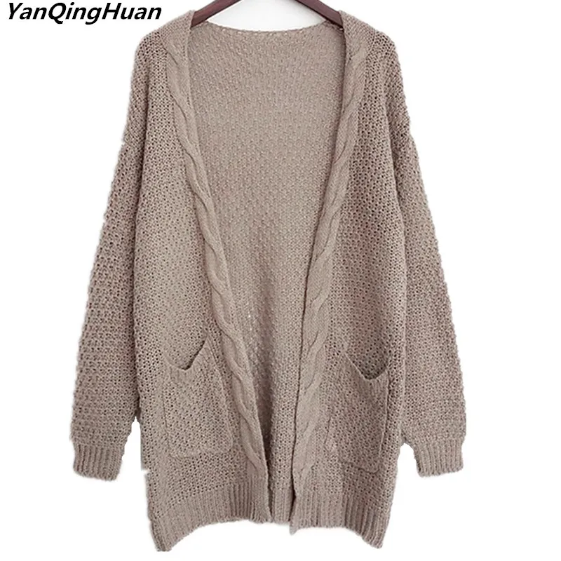 

Long Cardigan Women Long Sleeve Knitted Cardigans Winter Womens Sweaters 2018 New Mid-length Solid Color Pocket Loose Sweater
