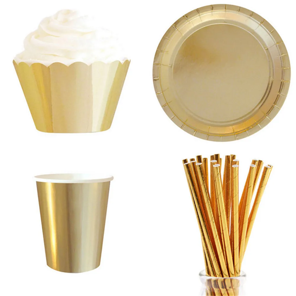 1 комплект Одноразовая бумажная тарелка чашки стакан с соломинкой обертки для пирожных подставка для десерта и кексов картон Золотая фольга Твердые вечерние принадлежности