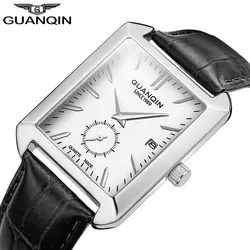 Высокое качество часы для мужчин GUANQIN Мода 2018 г. прямоугольник кварцевые часы с календари небольшой Второй Циферблат Кожаный ремешок Montre homme