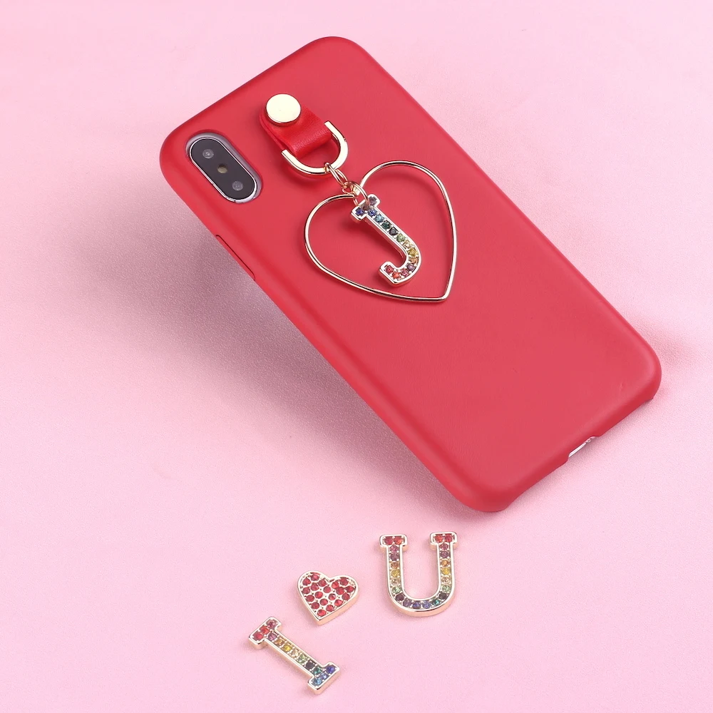 

Heart Gold Pendant Gold Rhinestone Diamonds Custom Initial Smooth Slim Leather Case For iPhone 6S XS Max XR 7 7Plus 8 8Plus X