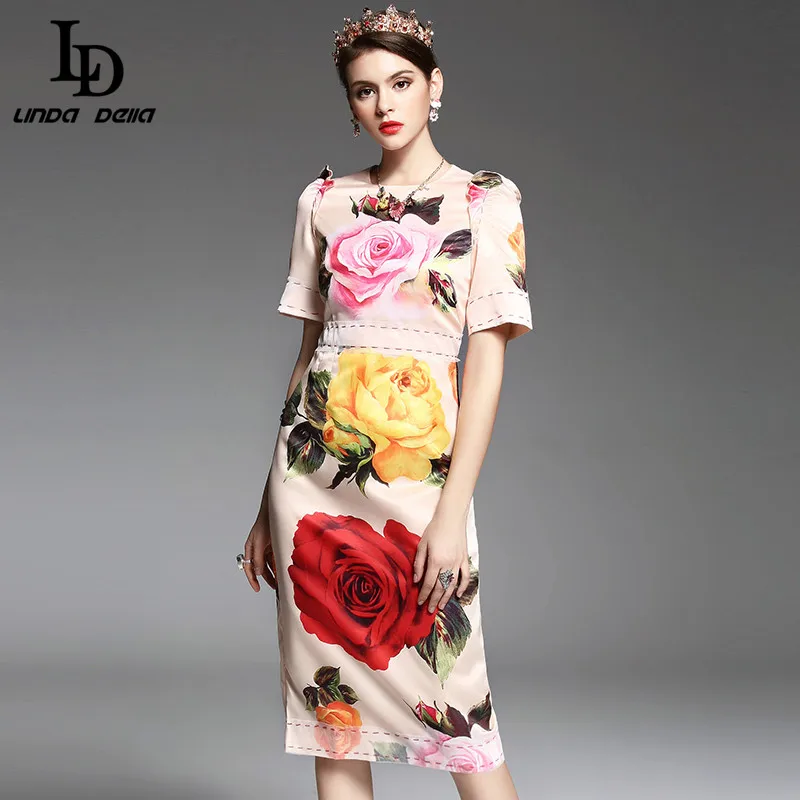 Wholesale 2017 Spring Summer New Runway Designer Dress Women's High Quality Half Sleeve Mid Calf Elegant Rose Printed Dress Buy Cheap 2017 Spring Summer New Runway Designer Dress Women's High Quality Half Sleeve Mid Calf Elegant Rose Printed Dress