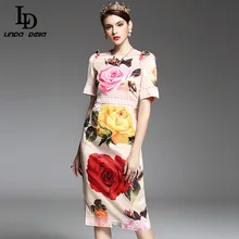 2017 Spring Summer New Runway Designer Dress Women's High Quality Half Sleeve Mid Calf Elegant Rose Printed Dress