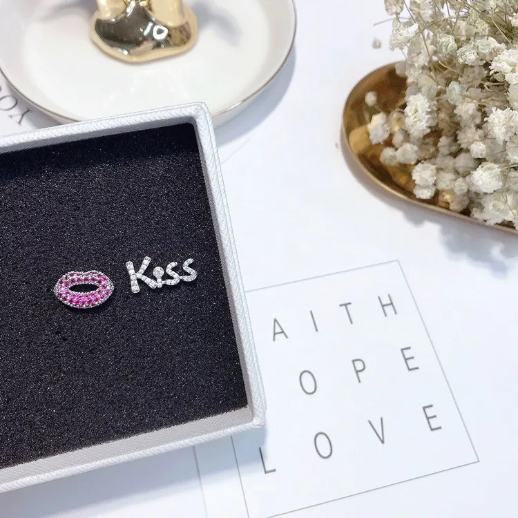 letter Kiss sexy lip asymmetric CZ earring 925 silver pin Hypoallergenic fadeless fashion jewelry stud earrings for women gift