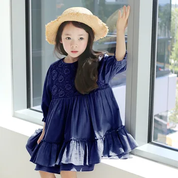 

2020 Summer & Spring New Korean Children Clothing Flower Kids Dress Girls Long-Sleeved Child Dress, Dark Blue/ Beige