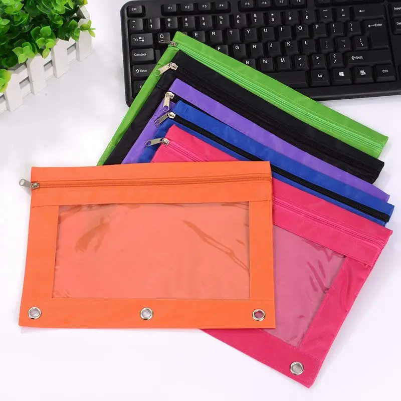 6 Pieces Ring Binder Pouch Pencil Bag with Holes 3-Ring Zipper Pouches with Clear Window(6 Colors