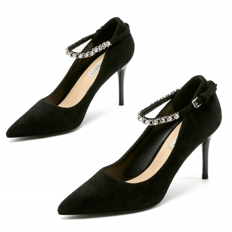 

2019 Spring Autumn Cow Suede Leather Ankle Strap Rhinestone Pumps Shoes High Heel Pointed Toe Slip On Formal Dress Shoes E0023