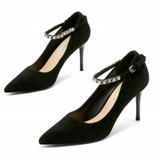 2019 Spring Autumn Cow Suede Leather Ankle Strap Rhinestone Pumps Shoes High Heel Pointed Toe Slip On Formal Dress Shoes E0023 handmade christmas green emerald suede sheet leather heel greenery wedding shoes with knot open toe ankle strap d orsay pumps