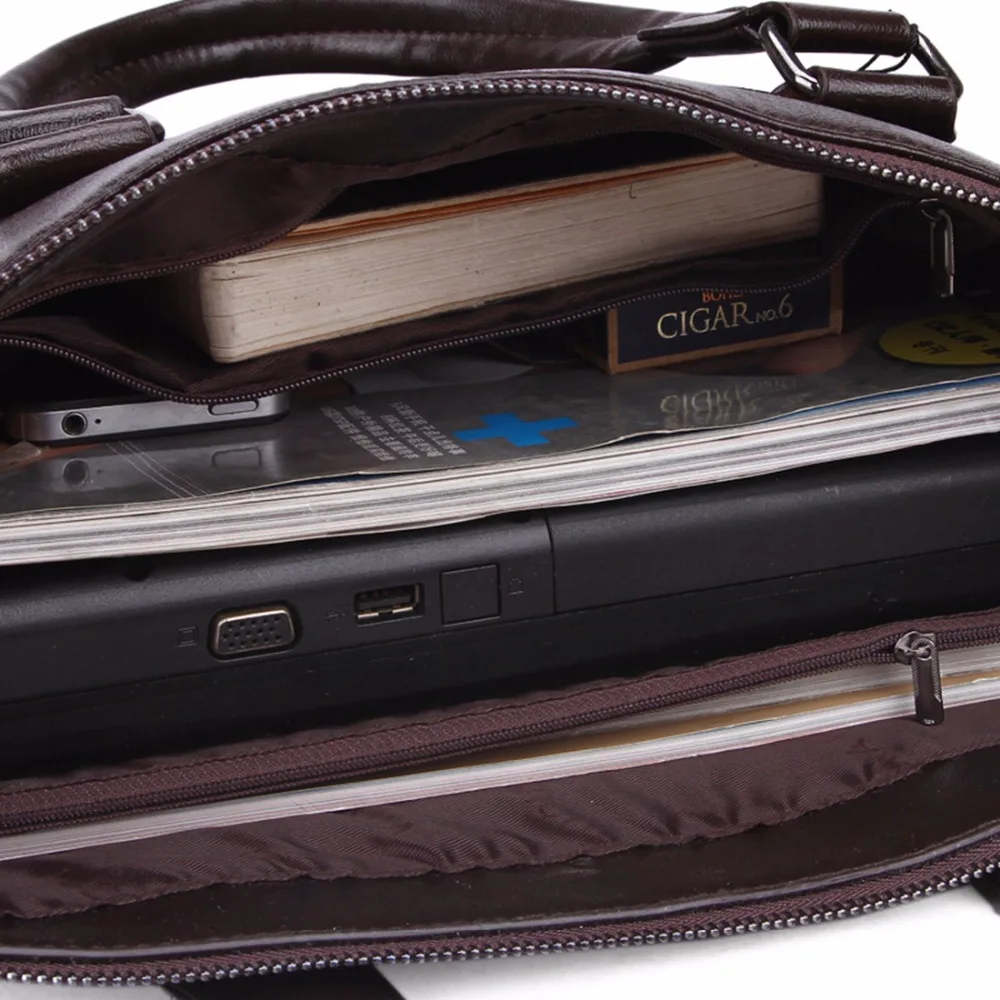 VICUNA POLO High Capacity Hollow Out Bottom Men's Leather Briefcase Bag For 14'' Laptop Vintage Business Leather Mens Handbags