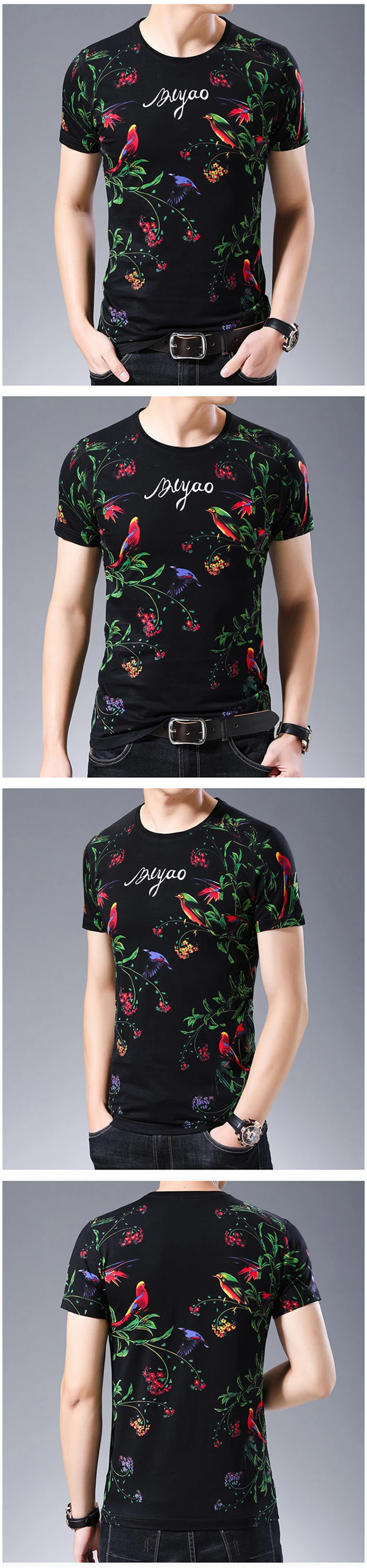 BY9801 Изысканные цветы и птицы полный принт короткий рукав t shrit Summer2019 Новая высококачественная хлопковая Мягкая дышащая футболка для мужчин
