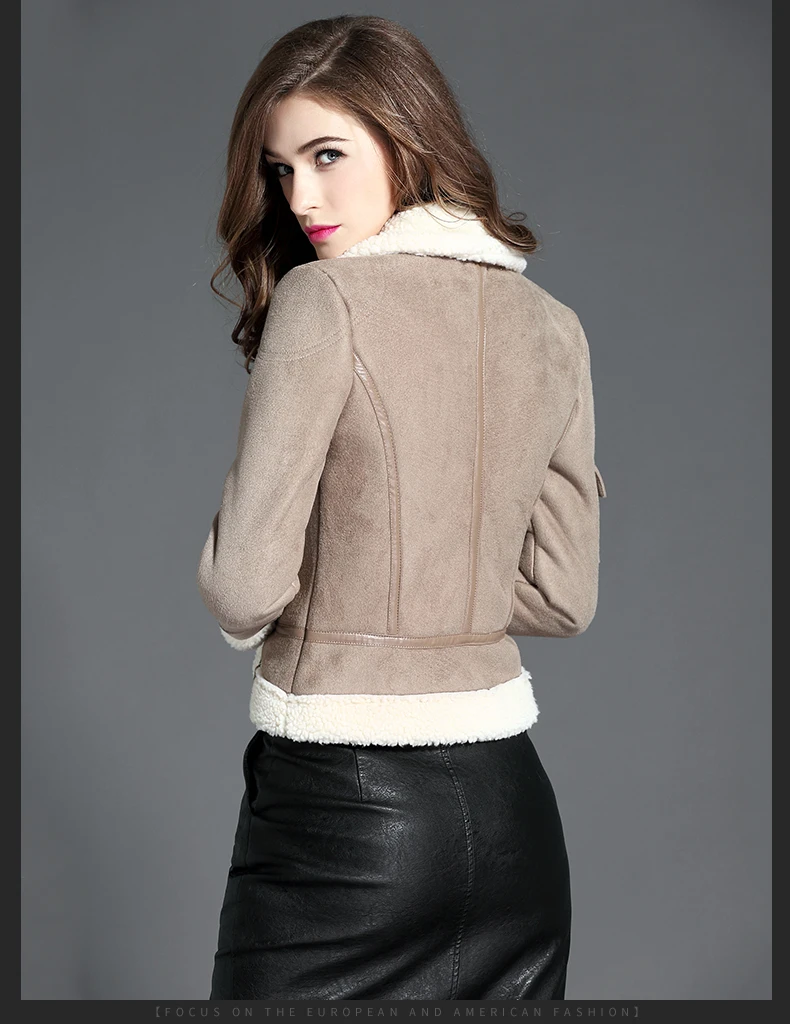 Женское осенне-зимнее пальто из искусственной овчины, Женская замшевая куртка из овечьей шерсти, толстая серая короткая обтягивающая куртка, женские замшевые куртки