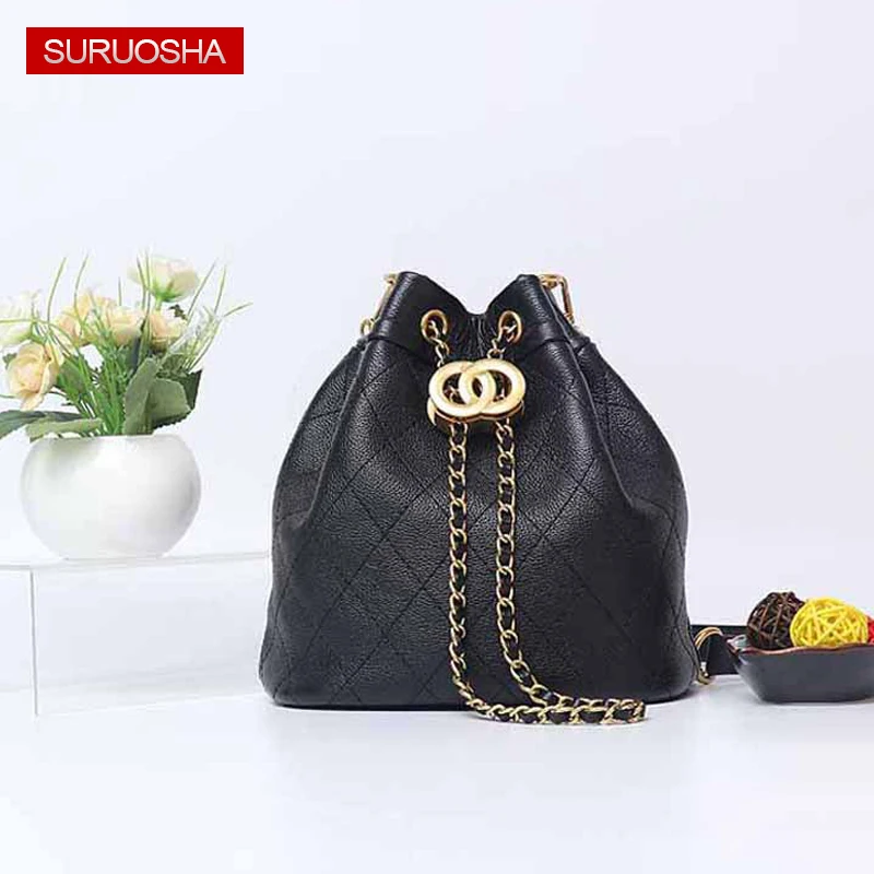 

New Metal Women Real Leather Bucket Bag Lady Genuine Leather Shoulder Bags Designer leather handbag 2019 New Arrival Itlay