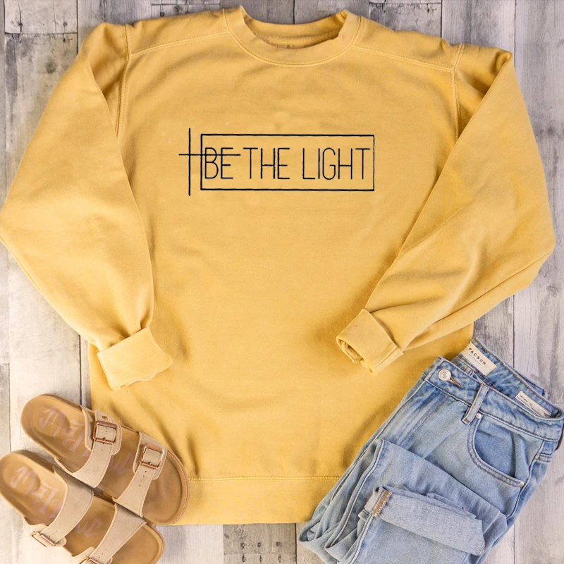 

drop shipping BE THE LIGHT Sweatshirt Harajuku Casual Women Hoodies Crewneck Long Sleeved Pullover Christian Clothes Graphic