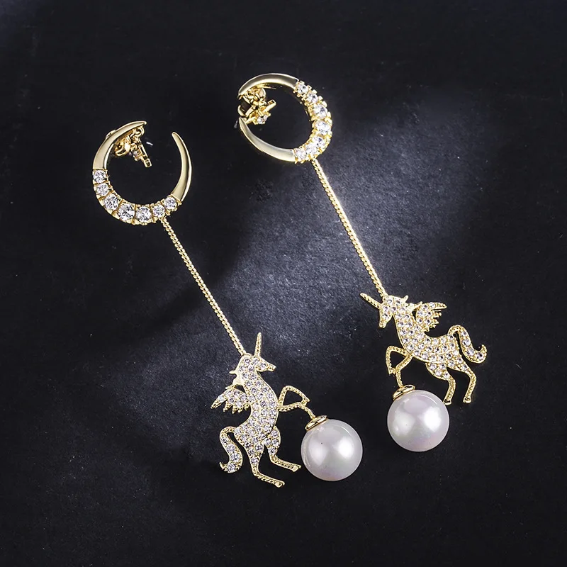 

Unique Charming Jewelry Gold Color Pearl Unicorn Horse Earrings for Women Wedding Gift Cute Animal Small Earrings ZK40