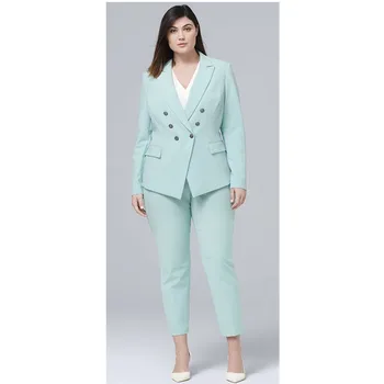 

Casual 2 Piece Mint Women Pants Suit Double Breasted Blazer Long Sleeve Business Formal Set Ladies Party Outfit Plus Size