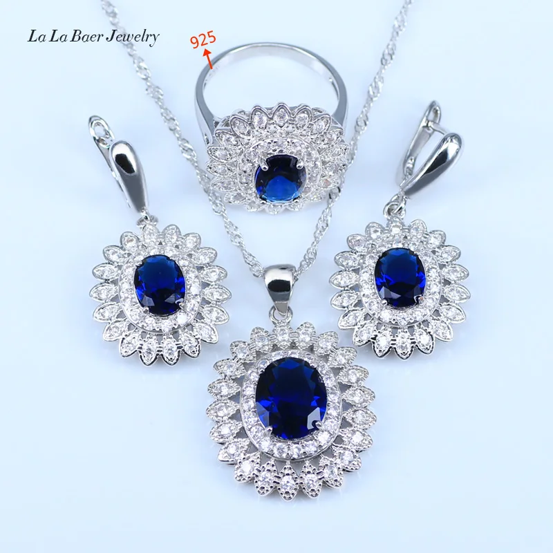L& B, высокое качество, 925 серебряные ювелирные наборы, синий гранат, ожерелье/кольца/серьги/Браслеты/кулон для женщин, модные наборы - Окраска металла: Three Piece