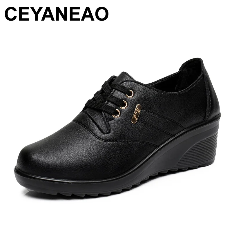 

CEYANEAO Spring Autumn Fashion Women's Flats Shoes Woman Leather Wedges High Heels Shoes Lady Casual Comfortable Shoes