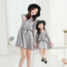 2017 New Family Matching Outfits Mother And Daughter Long-sleeve Dresses Suede Girl Lace Princess Dress