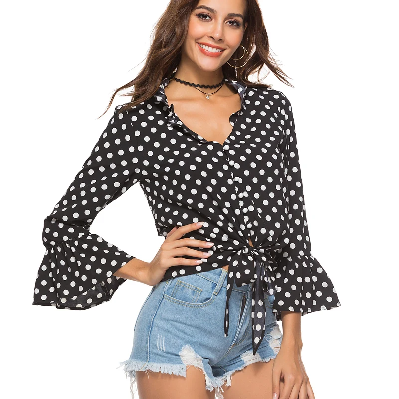 

Sexy Lace-Up Ruffles Loose Tops Female Fashion Polka Dot T-Shirts Women Summer Vogue Butterfly Sleeves Button Beach Tees Ladies