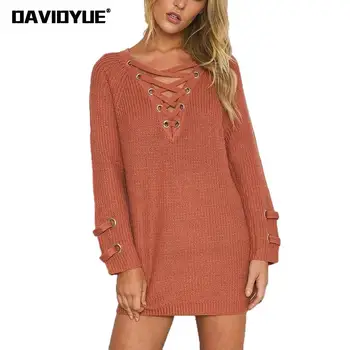 

Knitted Christmas Sweater Dress Women 2017 Autumn Winter Sexy Long Sleeve Lace Up Pullover Female Ladies Loose Tops Jumper