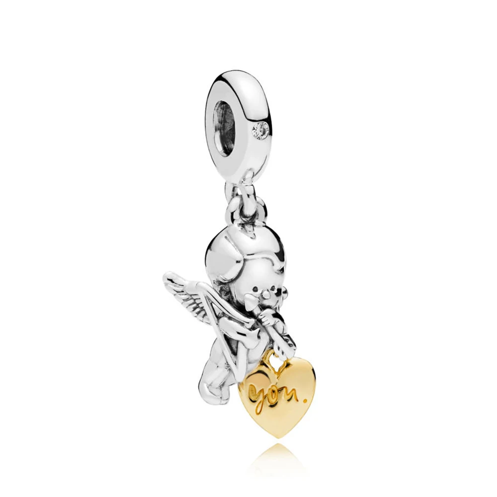 

2019 NEW 100% 925 Sterling Silver Shine Gold Cupid and You Hanging Charm Suitable DIY Women's Pendant Necklace Valentine's Day