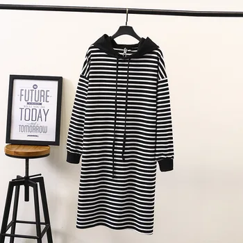 

100kg Big yards lady long style leisure in couture autumn show thin stripes hooded dresses loose female pencil dress